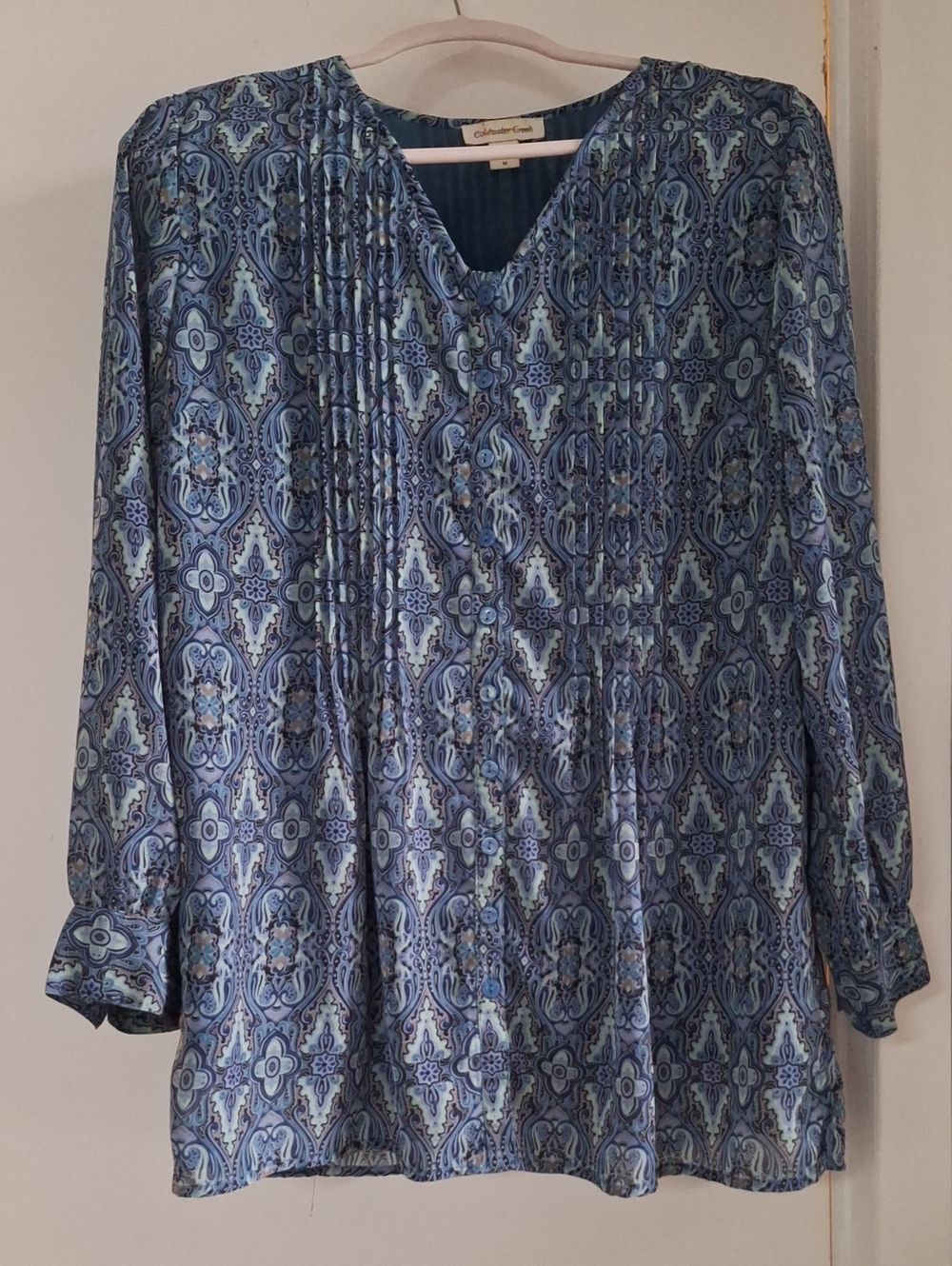 Coldwater Creek Blue Paisley Pintuck V-Neck Blouse - Multi Blue Print